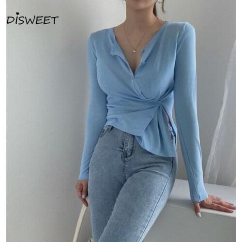 Knitted Irregular T-shirt Woman Korean Long-sleeved Single-breasted Round Neck Slim Tees Ladies Simple Solid Autumn Womens Top