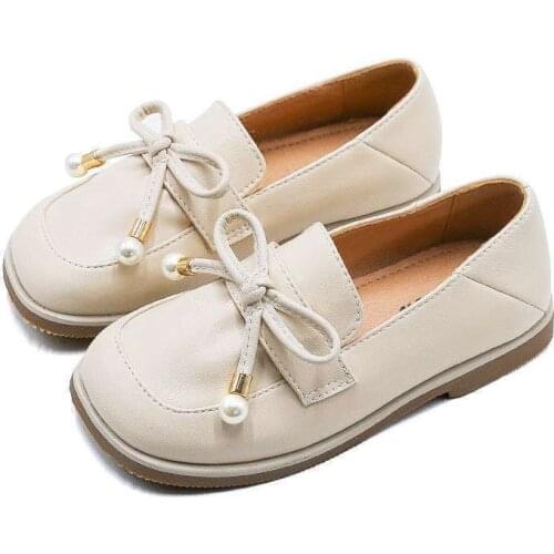 Girl Beige Bow Princess Shoes New Fashion Children Soft Surface Shoes Artificial Pearl Exquisite Soft Sole Black Single Shoes