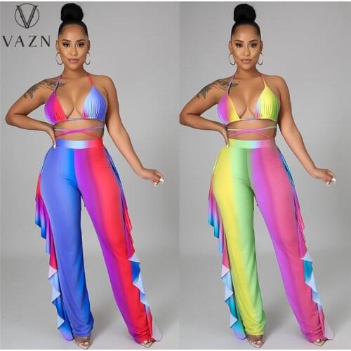 VAZN 2021 Top Quality Sexy Young Holiday Sweet 2 Piece Underweras Long Wide Leg Pants Chiffon 3 Piece Set Slim For Women