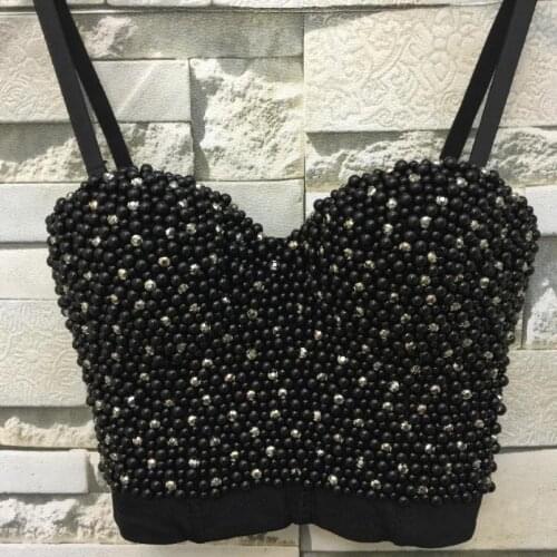 High quality Hand-made Pearls Jewel Diamond beading Womens Bustier Bra Cropped sling Top Vest Plus Size w1170
