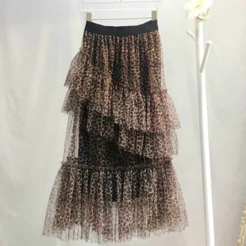 Spring Elastic High Waist Ruffles Summer Cake Skirt Female Vintage Sexy Leopard Print Skirt Women Mid-Long A-Line Mesh Skirts