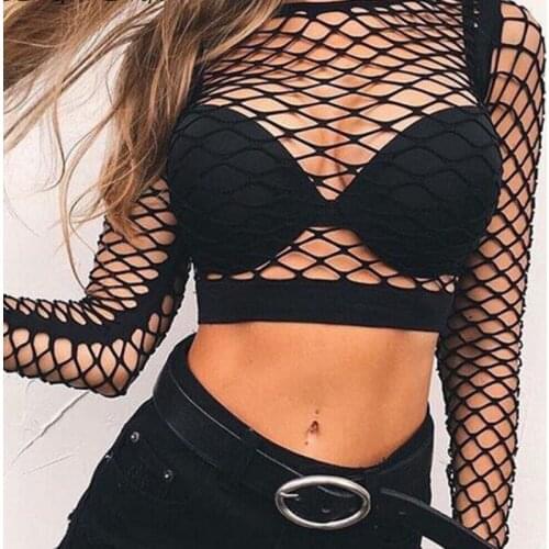 Plus Size 3XL Mesh Top Sexy See Through Fishnet Tee Shirt Femme Hollow Out Net Long Sleeve Top
