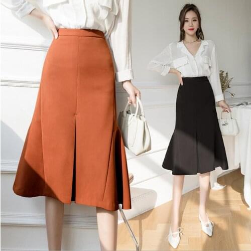 Summer Formal High-Waist Women Skirt 2021Office Lady Knee-Length Pleated Womens Skirt Elegant Female Fashion Skirt