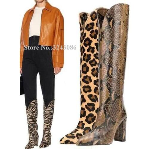 Woman Crocodile Print Chunky Heel Long Boots Sexy V Opening Design Leopard Knee High Boots Lady Zebra Print Knight Boots