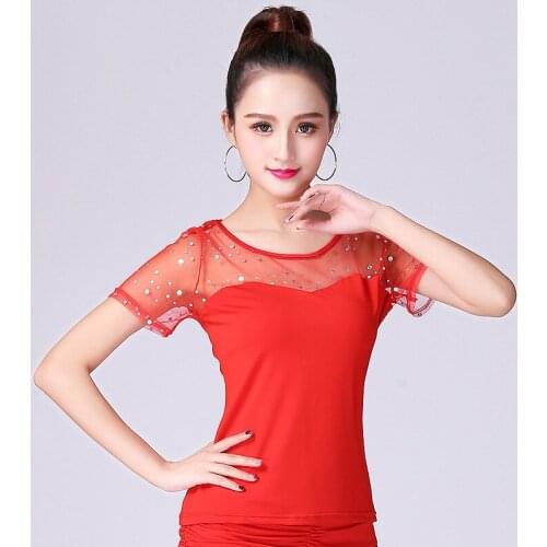 Latin Dance Practice Blouse Short-sleeve Square Dancing Sequin Jacket Latin Dance Costume Short Sleeve O Neck Suit D0023
