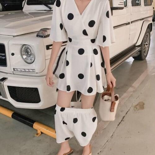 Casual womens printed two piece white polka dot summer 2021 Ruffle short sleeve high waist dress and Elastic Waist Shorts Set