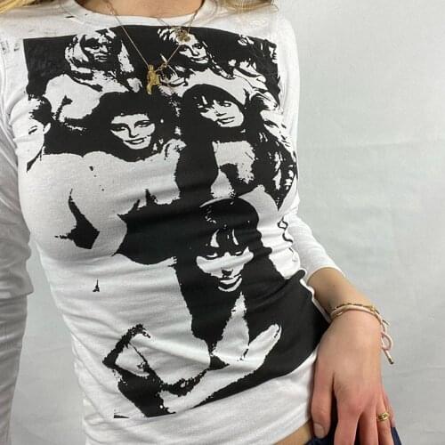 Women Face Portrait Crop Top 90s Vintage Graphic Long Sleeve E-Girl Harajuku T-Shirt Y2K Aesthetic Blouse Tops Streetwear