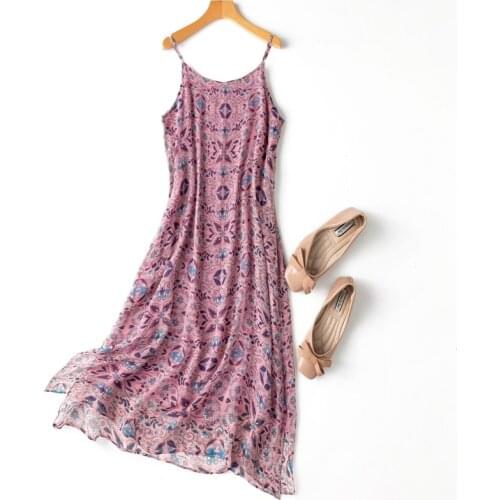 Womens 100% Silk braces skirt luxury Fashion Heavy slip dress Long Dress Elegant Pink Flower print L1183