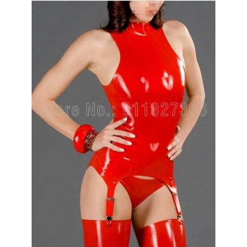 100% Latex Top with Garter Belts High-collar Tank Sexy Women Tops w Back Zipper Sleeveless without underwear without stockings