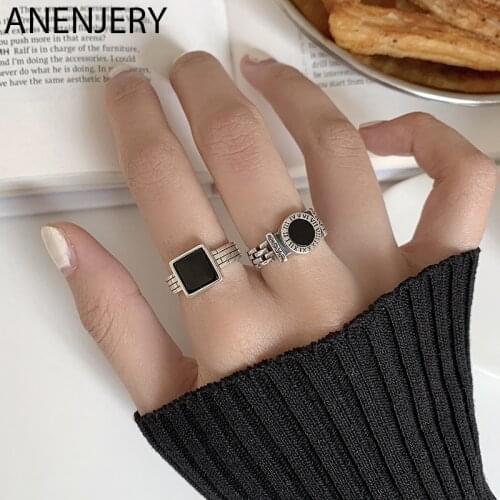 ANENJERY Retro 925 Sterling Silver Black Drop Glaze Round Square Open Rings for Women Men Roman Numeral Rings Gifts S-R957