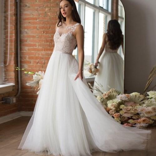 Bohemian Wedding Dresses Boho Illusion Neck Sleeveless A Line Tulle Wedding Beach Summer Bridal Dress 2021