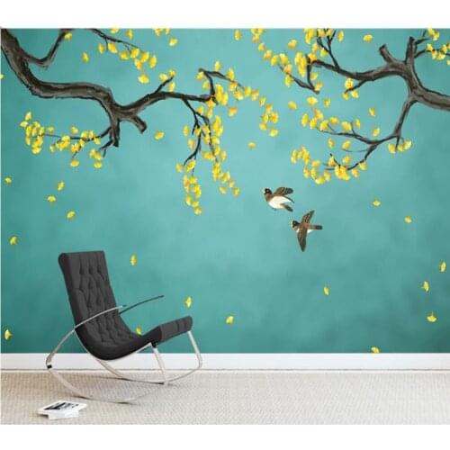 XUE SU Large custom mural wallpaper hand-painted ginkgo gongbi flowers and birds new Chinese background wall decoration painting