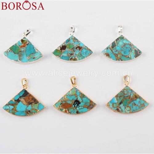 BOROSA 5PCS Gold Color Copper Turquoises Fan shape Natural Blue Stone Druzy Jewelry Pendant For Necklace DIY G1684