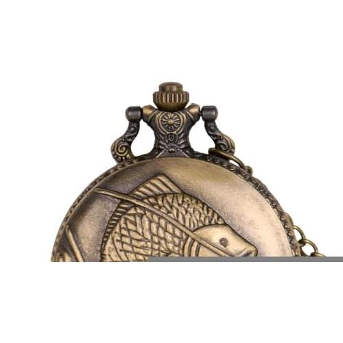 Vintage Fishing Bronze Quartz Pocket Watch Necklace Pendant Clock Men and Women Gift Clock relogio