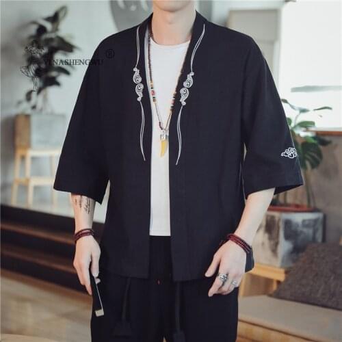 Kimono Samurai Embroidery Japanese Costume Men Harajuku Style Shirt Japan Haori Cardigan Chinese Traditional Print Yukata Coat