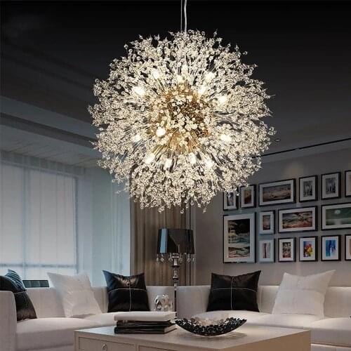 Kobuc Nordic Dandelion Crystal Chandelier Light LED G9 Cristal Bursts Globe Pendant Hanging Lamp for Living Room Bedroom Home