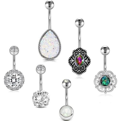 6PCS Belly Button Rings 14G Surgical Steel Synthesis Opal Shiny CZ Vintage Style Navel Belly Rings Belly Piercing for Women Girl
