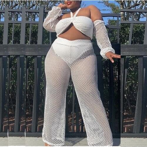 White Mesh Pants Sets Large Size 4XL 5XL Crop Tops & Long Trousers See Through Sexy Evening Night Club Outfits Matching Sets Hot