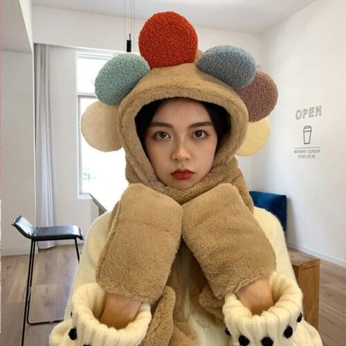 Women Winter 3 In 1 Fuzzy Plush Warm Hooded Scarf Hat Gloves Set Cute Rainbow Flower Faux Wool Earflap Cap Mittens