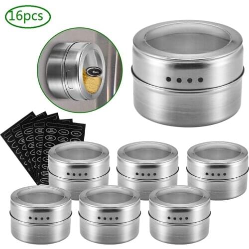 Magnetic Spice Jar Set With Stickers Stainless Steel Spice Tins Spice Storage Container Pepper Seasoning Sprays Tools Spice Jar