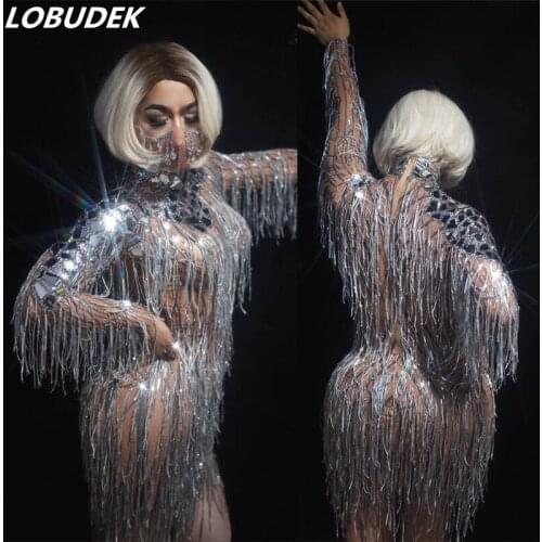 Silver Sequins Tassels Mesh Short Dress Women Evening Party Fringes Rhinestones Birthday Celebrate Dresses Singer Stage Costume
