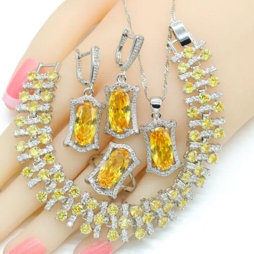 Yellow Stones Dubai Silver Color Wedding Jewelry Sets For Women Necklace Pendant Bracelets Earrings Rings Birthday Gift