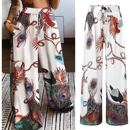 New Boho Wide Leg Pants For Women High Waist Printing Beach Pants With Pockets Ladies Loose Casual Easy Trousers брюки женские