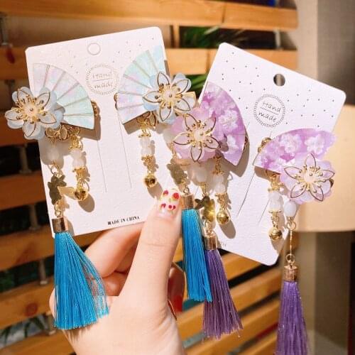 A pair of 2 childrens ancient costume crystal embellishment headdress hairpin girl ancient style tassel ribbon pair clip