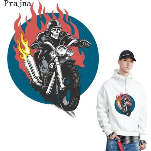 Prajna Skull Motorcycle Iron On Transfers Hot Vinyl Thermal Patches For Clothes Applique DIY Punk Cool Man Heat Transfer Sticker
