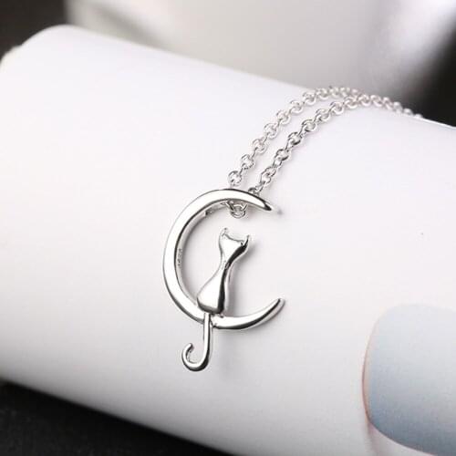 Simple Cute Cat Gold Color Moon Pendant Necklace For Women Necklaces & Pendants Silver color Jewelry Charms Jewellery