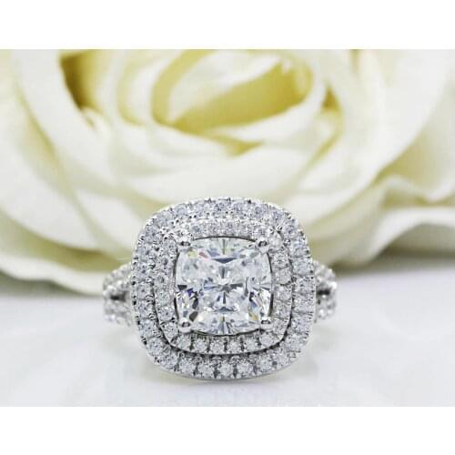 Certified Cushion Cut 3.0CT Color F Moissanites Ring Double Halo Accents 14k White Gold Engagement Ring