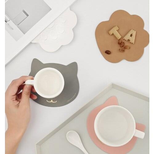Cute Korean Version Kitchen Accessories Bar Cartoon Drink Pads Doilies Non-slip Coaster Table Placemat CoasterLeather Cat Paw