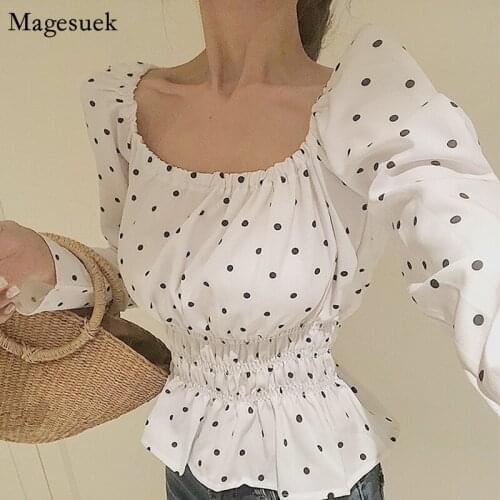 Slash Neck Womens Blouse 2021 Spring Polka Dot Vinatge White Shirt Top Female Slash Neck Casual Women Blouses Tops Blusas 13322