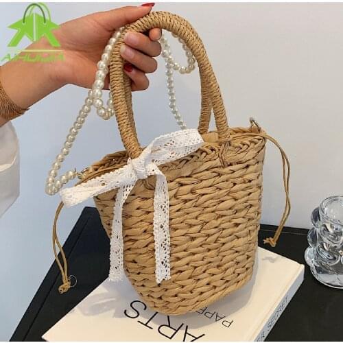 Ladies Straw Bag Fashion Pearl Chain Shoulder Bag Summer New Ribbon Design Hand-Woven Rattan Bag Bohemia Beach Messenger Bags