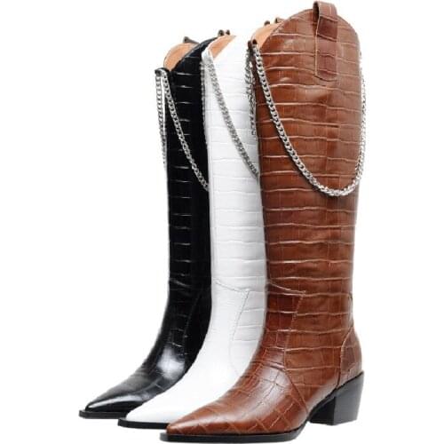 Autumn New 2020 Women Mid-Calf Boots Genuine Leather Fashion Cool Western Boots Metal Chain Zipper Boots Woman Boots