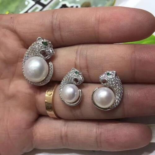 Sinya 13mm Natural pearls panther leopard pendant necklace earring fine jewelry sets in 925 sterling silver Gift for Mum Women