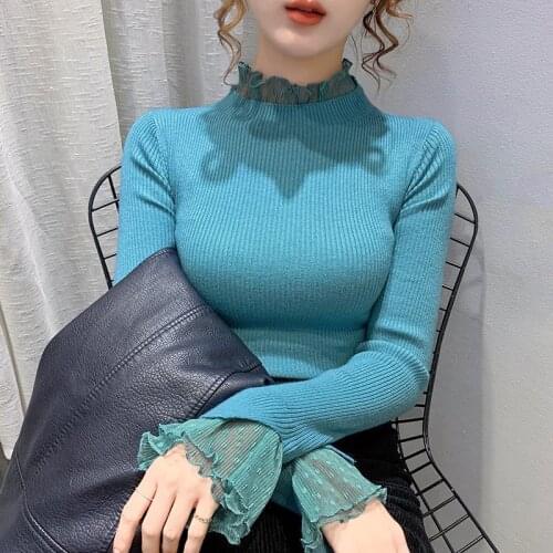 Woman Sweaters Polka Dot Lace Long-Sleeved Knitted Womens Turtleneck Pullover Slim Top