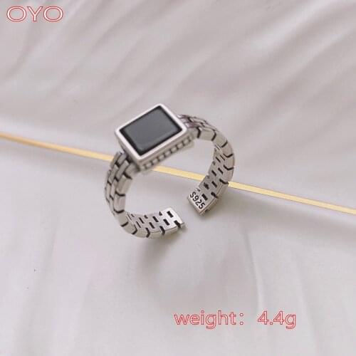 Real s925 sterling silver black agate square female ring