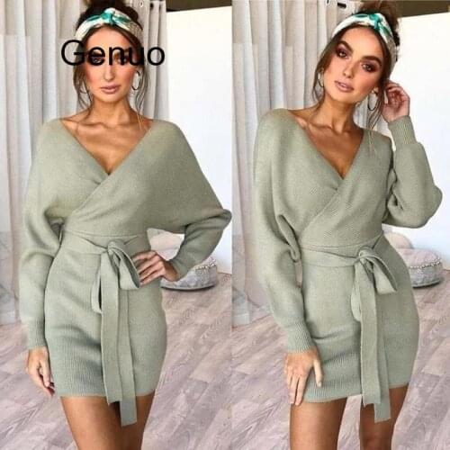 Women Slim Dress Autumn Winter Sexy V Collar Hollow Back Dresses Sweater Warm Sweater Bandage Vestidos 2020 New Fashion