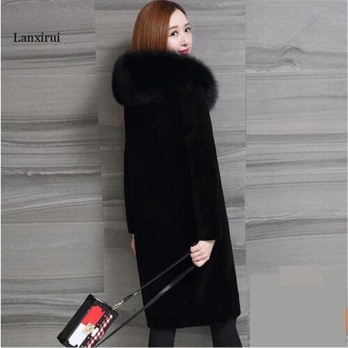 New S-5XL Oversized Faux Fur long Coat Lady imitation Fox Fur Collar Hooded Winter Fur Coat black Plus size Outerwear