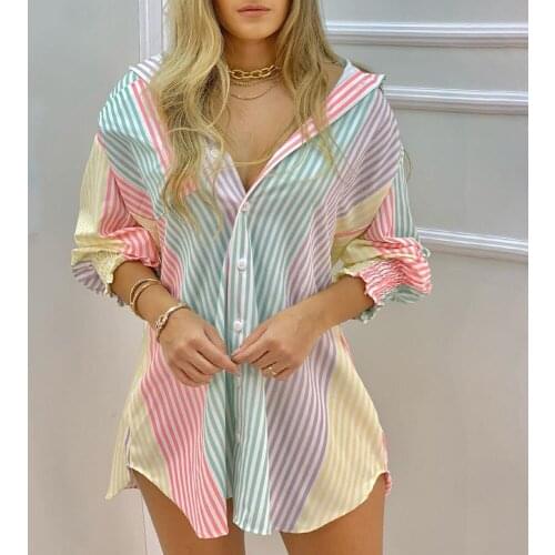 2021 Autumn Striped Button Shirts Mini Dresses Ladies Fashion V-neck Long Sleeve Dress Casual Elegant Office Long Tops Dress