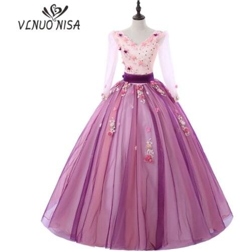 VLNUO NISA Sweet Pink Long Evening Dress Sexy V-Neck Backless Floor-Length Tulle Ball Gown with Elegant Stereoscopic Flowers