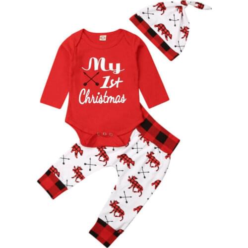 0-18M Xmas Baby Boy Girl Clothes Sets Newborn First Christmas Romper Trousers Hat Outfit 3pcs Set