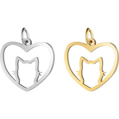 5Pcs/Lot Titanium Stainless Steel 20x21mm Hollow Out Heart Cat Floating Charm Pendant for DIY Necklace Jewelry Making Crafts