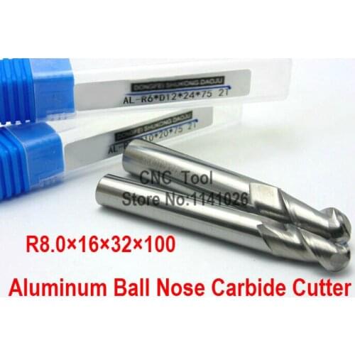 Brand new Aluminum alloy Ball end milling cutter 2F R8*16*32*100 Aluminum carbide cutter,CNC milling machine, CNC milling tools