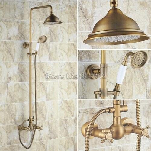 Antique Brass Bathroom Wall Mounted Rain Shower Faucet Set with Handheld Shower & Dual Handles Mixer Taps Wrs110