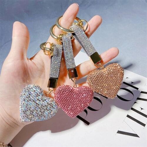 Handmade Full Rhinestone Leather Strap Heart Keychain Creative Korean Fashion Bag Charms Key Ring Key Chain Holder Trinket Gift