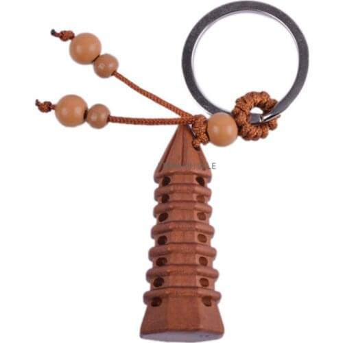 Feng Shui Peach Wood Wen Chang Pagoda Keychain Wood Carved Amulet L1079