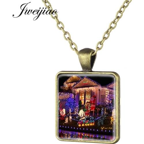 JWEIJIAO Christmas Wedding Party Decoration Fairy Lights Necklace Square Glass Cabochon Pendant Necklaces Collier Gift CM286