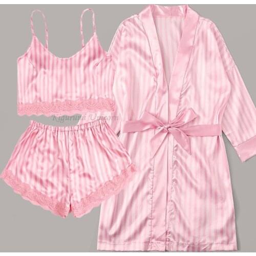 Black Satin Lace Silk Pajamas Sets Womens 3PC Strap Top Pants Suit Sleepwear Spring SummerHome Wear Nightwear Bath Gown S-XL